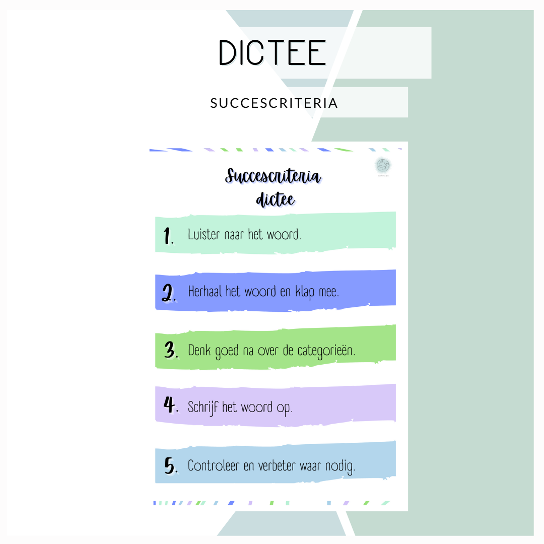 Succescriteria spellingdictee (groen/blauw/paars)