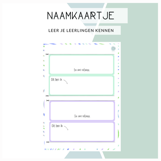 Naamkaartjes om je leerlingen te leren kennen (blauw/groen/paars)