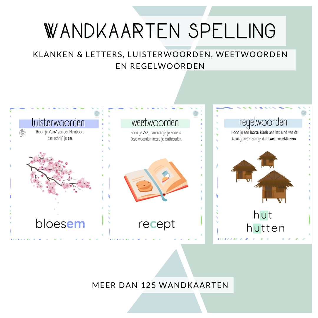 Wandkaarten spelling - klanken & letters, luisterwoorden, weetwoorden, regelwoorden, werkwoorden