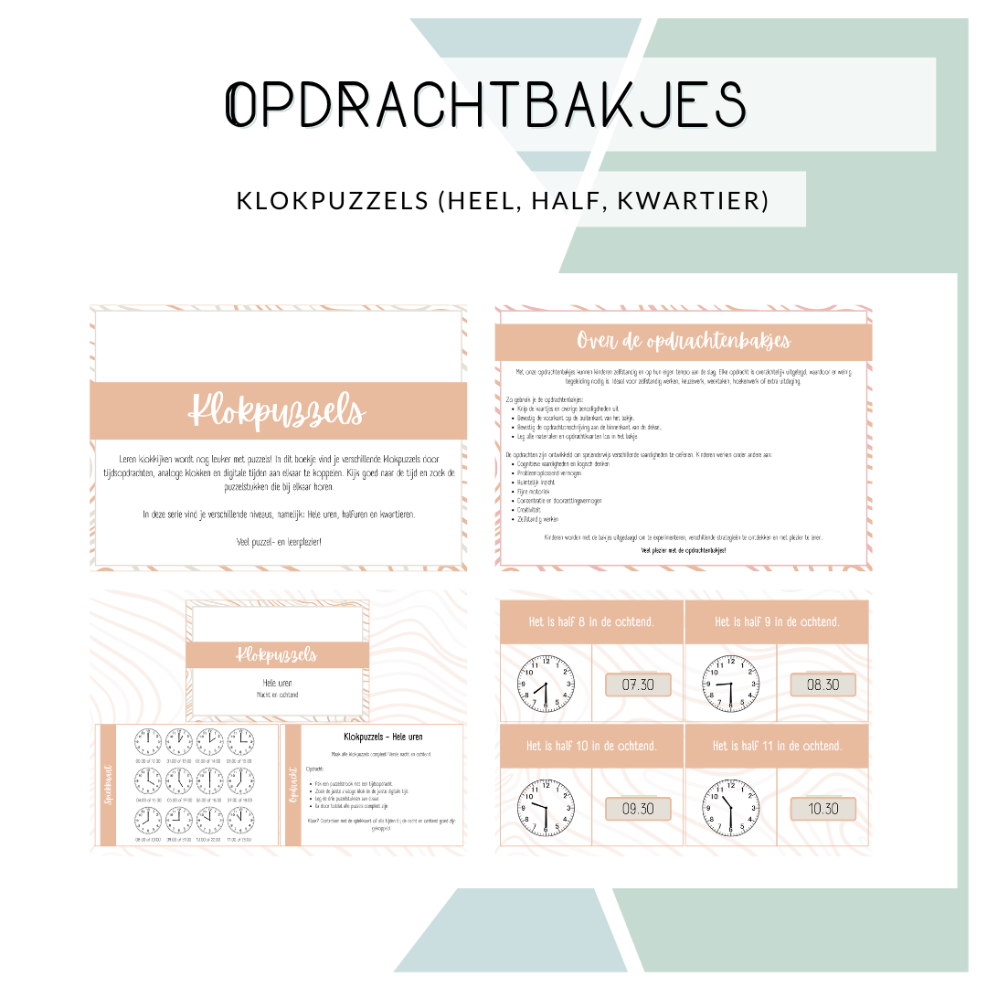 Opdrachtbakje - Klokpuzzels hele uren, halve uren, kwartieren (MB en BB)
