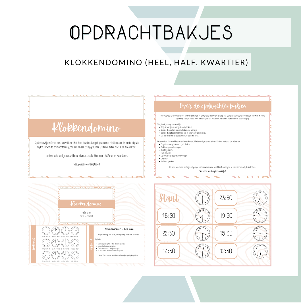 Opdrachtbakje - Klokkendomino hele uren, halve uren, kwartieren (MB en BB)