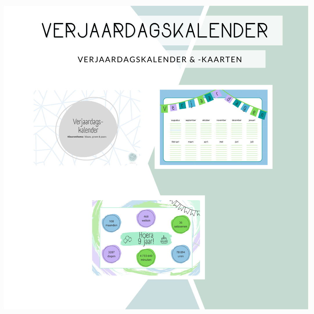 Verjaardagskalender en -kaarten (paars - blauw - groen)